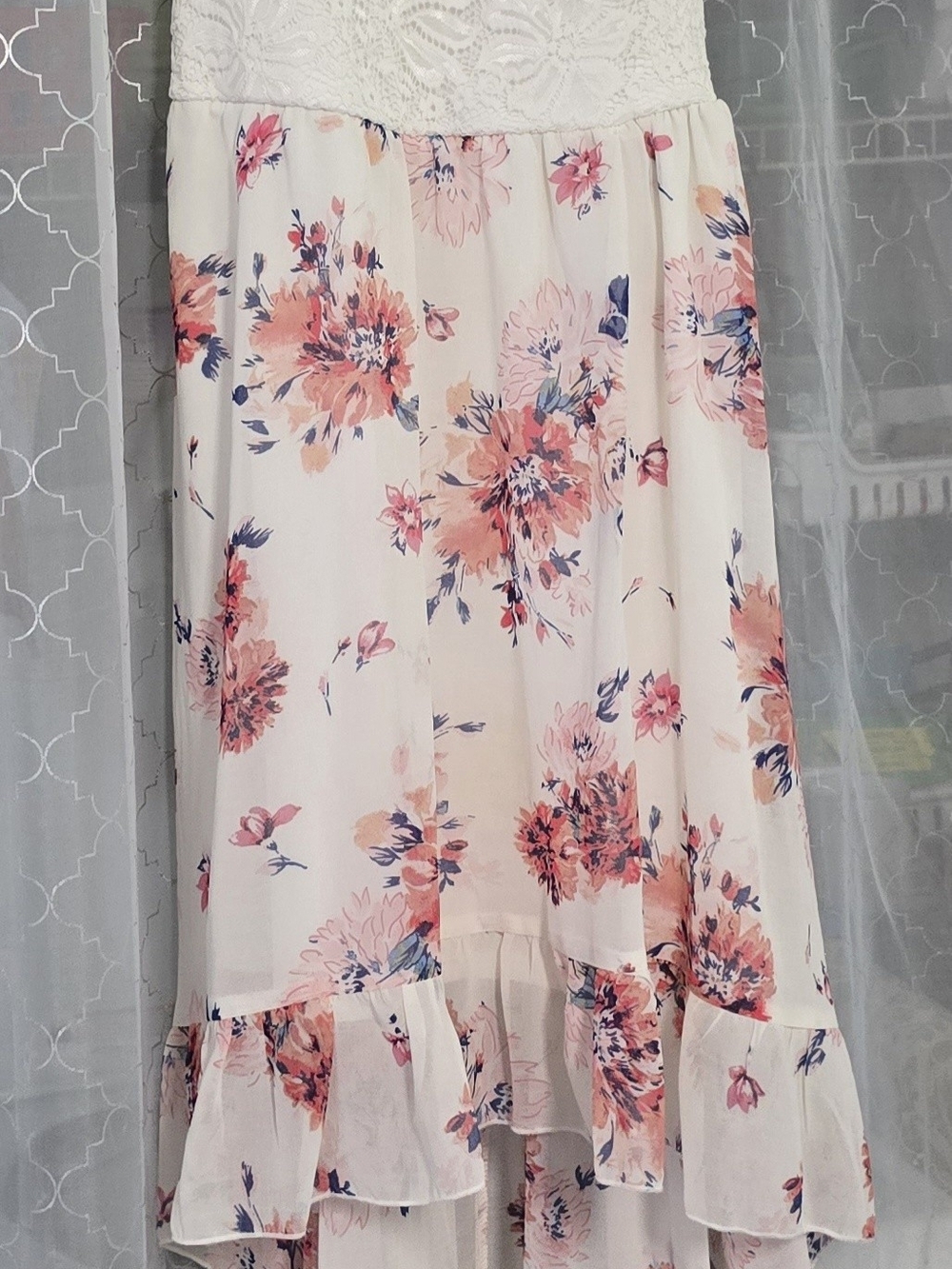 AUW Cream Floral High-Low Skirt with Pink and Blue Blossoms